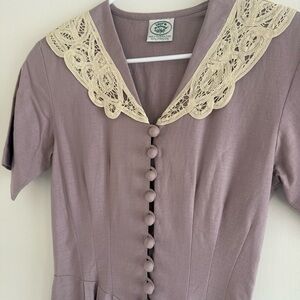 Laura Ashley Vintage 80’s Lavender Linen Dress Lace Collar Sz 4 Cottage Prairie